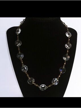 Aeo clear octagon crystal stationary brass necklace EUC